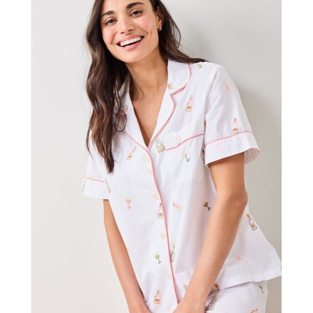 NWT Print Fresh PJ TOP ONLY Bubbly Brunch SS Top Embroidered On White Large